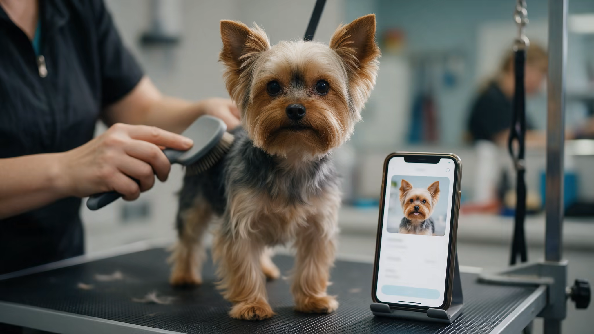 Trimster borstelt een kleine hond op de trimtafel, met het dossier van de hond open op de telefoon