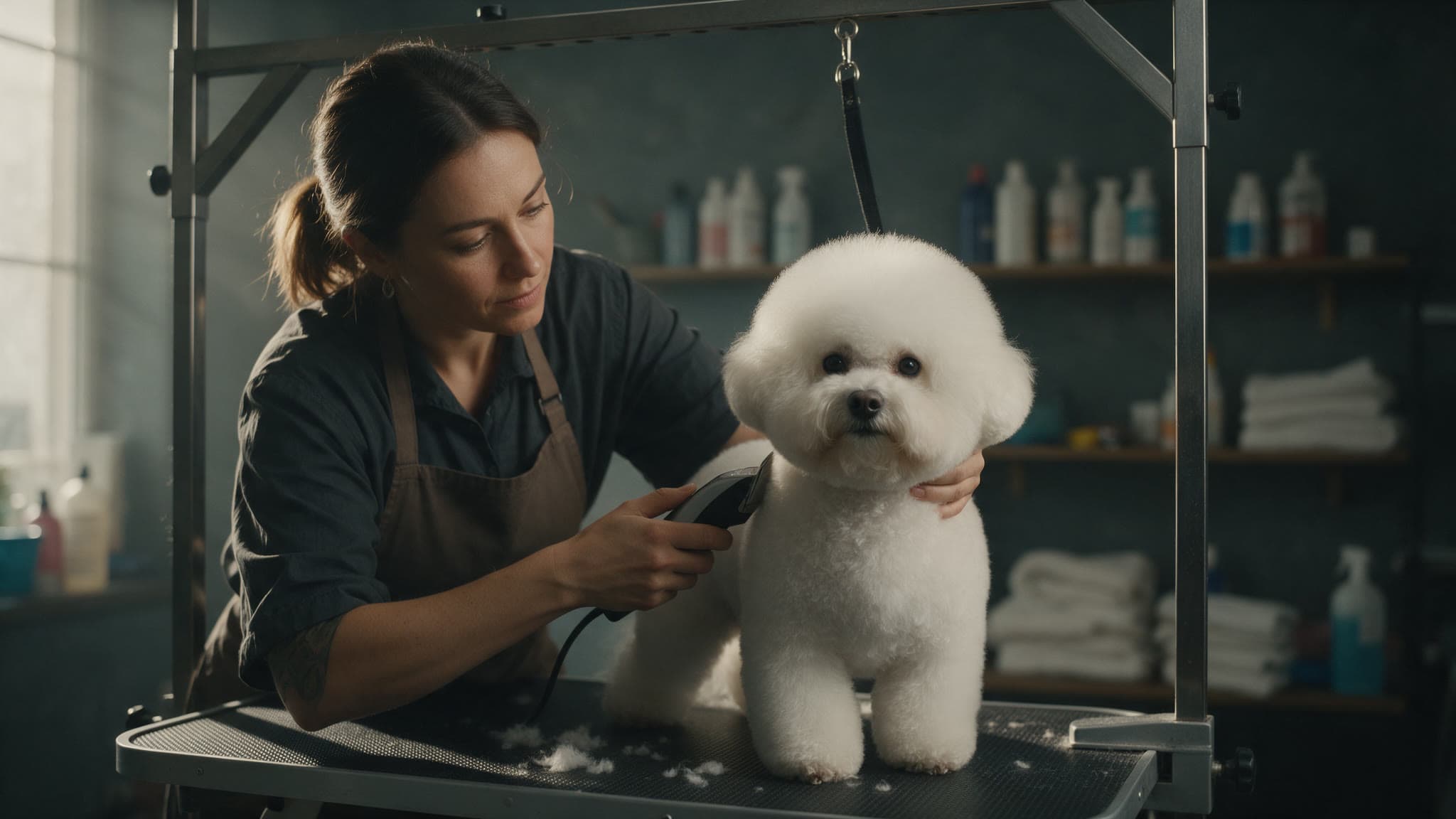 Trimster knipt een hond op de trimtafel in een trimsalon