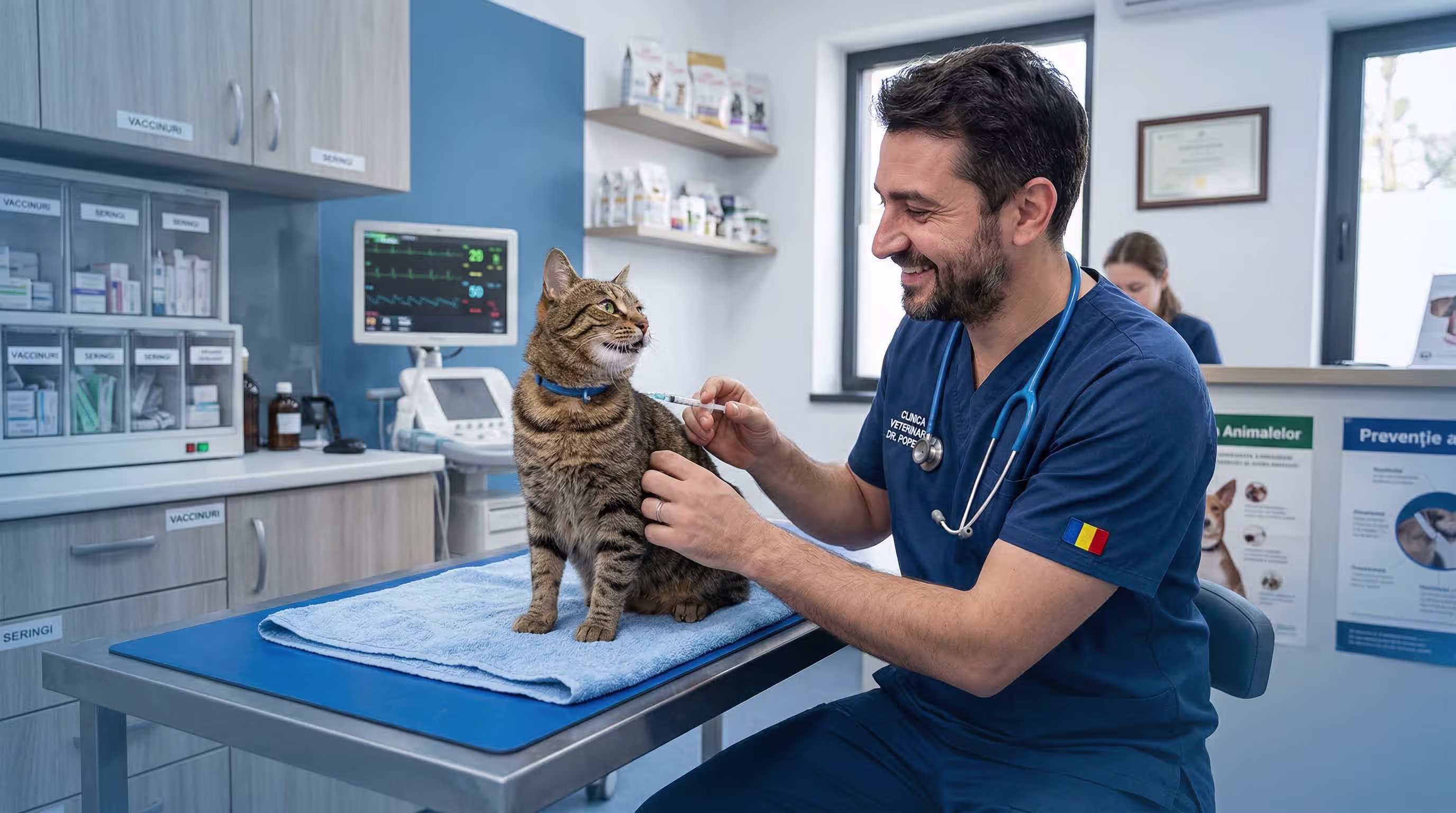 Echipa unei clinici veterinare gestionând programări și fișe medicale în platforma Bluviv